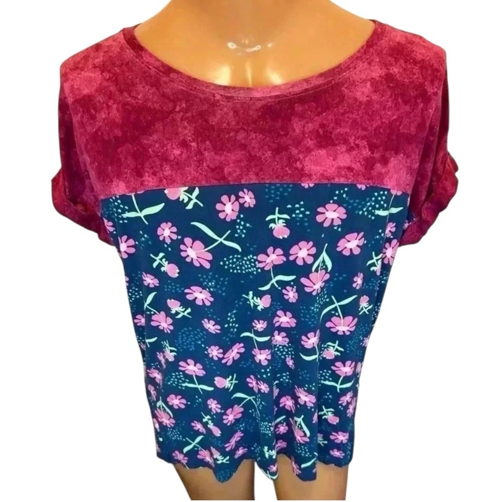 Lularoe Leah Medium Drop Shoulder Cuffed Sleeve Tunic Tie Dye Pink Blue Floral.